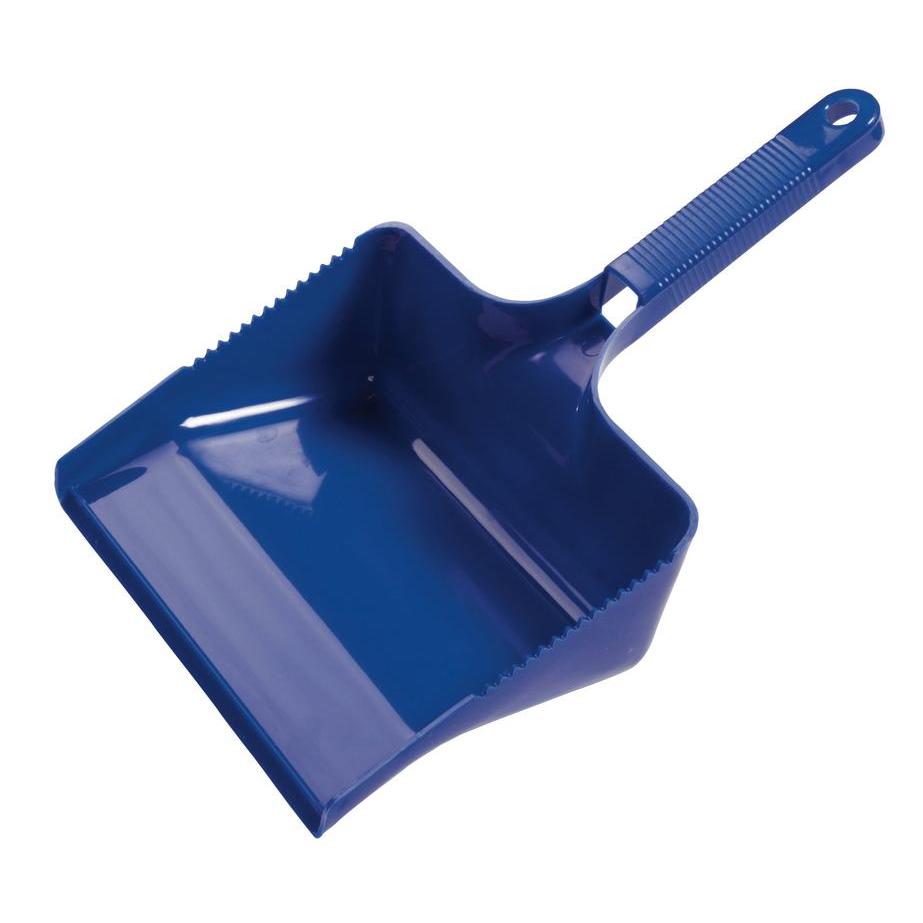 A blue dustpan matching the hand broom made of plastic by Diversey Deutschland GmbH & Co. OHG with a ribbed handle and serrated edges, ideal for cleaning tasks, photographed on a white background.