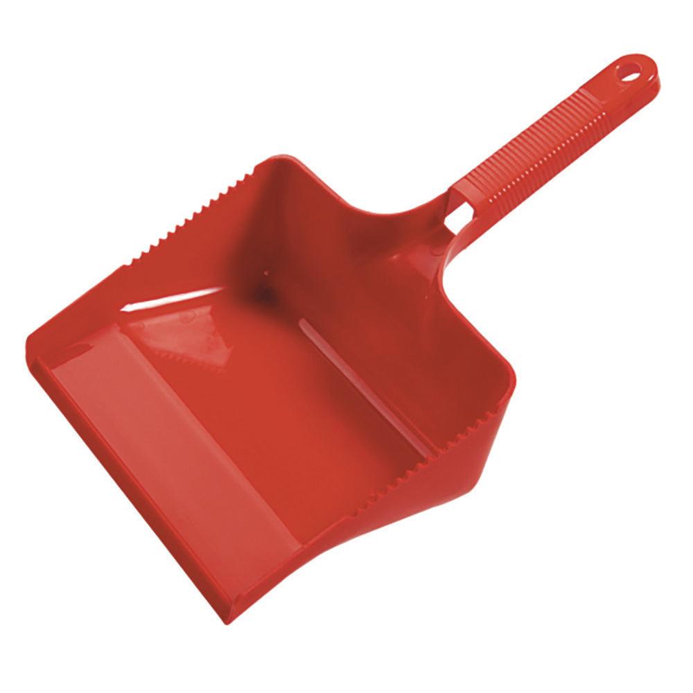 The dustpan matching the hand broom from Diversey Deutschland GmbH & Co. OHG is a red plastic dustpan with a textured handle and raised edge, ideal for cleaning tasks. The dustpan is empty and depicted on a white background.