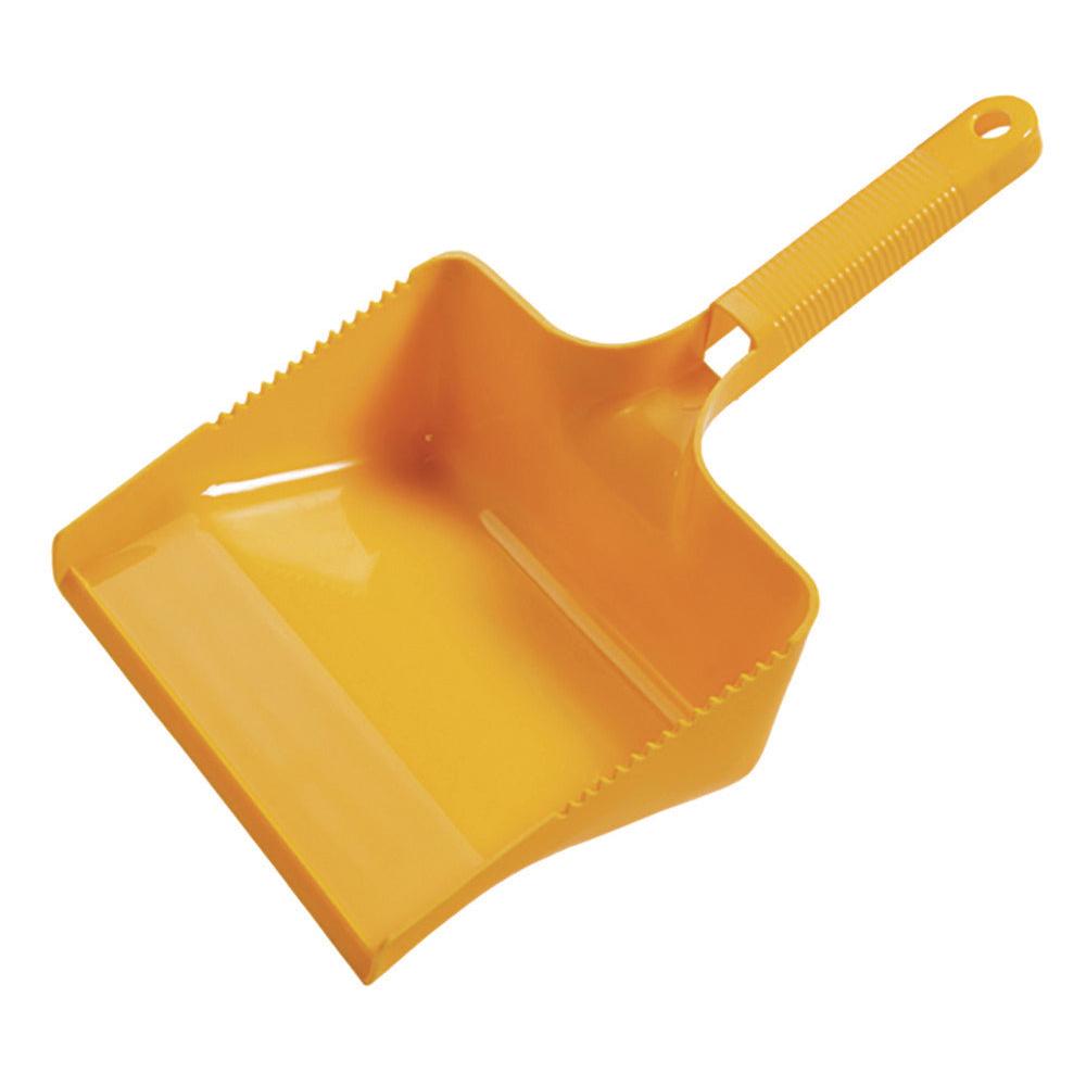 The dustpan matching the hand broom from Diversey Deutschland GmbH & Co. OHG is a yellow plastic dustpan with a textured handle and hanging hole, ideal for cleaning tasks, depicted on a white background.