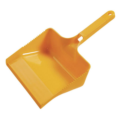 The dustpan matching the hand broom from Diversey Deutschland GmbH & Co. OHG is a yellow plastic dustpan with a textured handle and hanging hole, ideal for cleaning tasks, depicted on a white background.