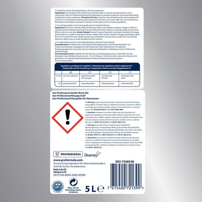 Image of a SUN Professional Rinse Aid for Hard Water label with usage instructions in multiple languages. Designed for commercial dishwashers, it prevents lime deposits. The label contains safety symbols, a hazardous substance warning, product details, and contact information of the brand Diversey Deutschland GmbH & Co. OHG.