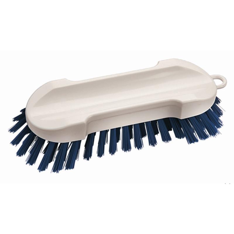The hand brush without handle Hard (190 x 65 x 30 mm) from Diversey Deutschland GmbH & Co. OHG with dark blue, hard bristles and flat plastic body is presented on a white background. It features a grip recess and a hanging hole.