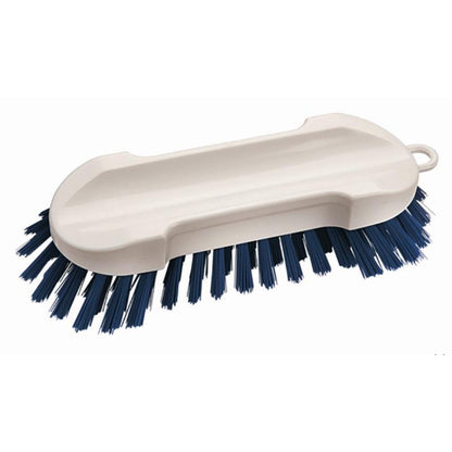 The hand brush without handle Hard (190 x 65 x 30 mm) from Diversey Deutschland GmbH & Co. OHG with dark blue, hard bristles and flat plastic body is presented on a white background. It features a grip recess and a hanging hole.