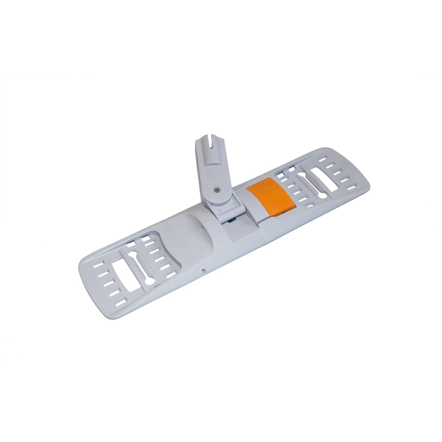 The TASKI Multi Mop Holder 1 piece (40 cm) from Diversey Deutschland GmbH & Co. OHG features a light gray, rectangular plastic head with an adjustable swivel joint and orange button for effective cleaning and easy handling, depicted on a white background.