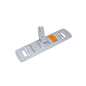 The TASKI Multi Mop Holder 1 piece (40 cm) from Diversey Deutschland GmbH & Co. OHG features a light gray, rectangular plastic head with an adjustable swivel joint and orange button for effective cleaning and easy handling, depicted on a white background.