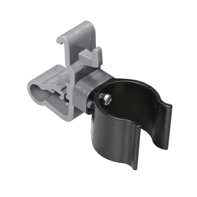 The TASKI holder for suction hose from Diversey Deutschland GmbH & Co. OHG is a gray-black clamp with a foldable clip, cylindrical holder, and screw cap for secure attachment to the cloth box holder 7517270/757371 or accessory holder. Package: 1 piece.