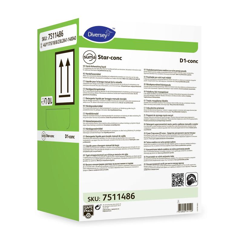 Bosca dronuilleogach glas-bán le "Suma Star-conc D1 conc, glantach láimhe an-tiubhaithe" (10 l) de Diversey Deutschland GmbH & Co. OHG le téacs dubh, siombailí agus barrachóidí le haghaidh glanadh éifeachtach.