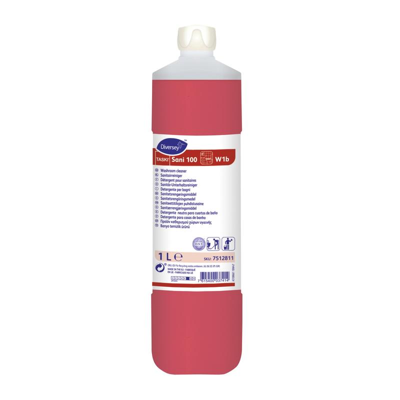 A 1-liter bottle of TASKI Sani 100 Neutral Sanitary Cleaner from Diversey Deutschland GmbH & Co. OHG has a white cap, a red body, and a white label with product details and multilingual instructions for hygienic sanitary cleaning.
