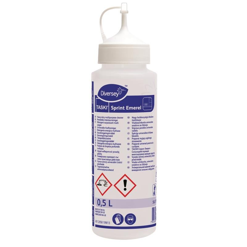 A 0.5L dosing bottle of Sprint Emerel from Diversey Deutschland GmbH & Co. OHG with a white cap and a label with product information, instructions, hazard symbols, and warnings in multiple languages.