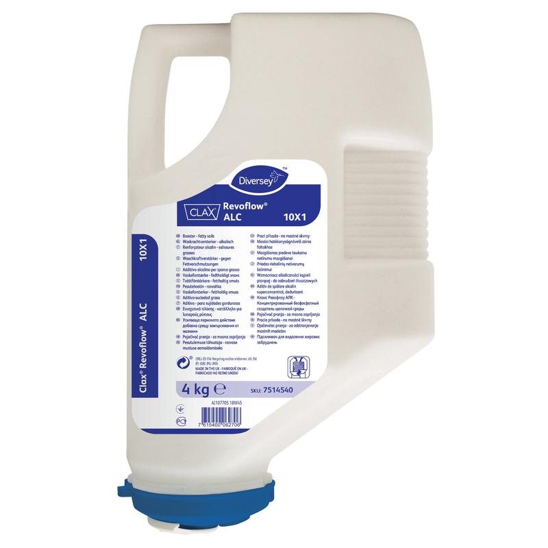 A 4 kg cartridge made of white plastic with Diversey Clax Revoflow ALC 10X1, a highly concentrated, phosphate-free alkaline booster for the Revoflow system from Diversey Deutschland GmbH & Co. OHG, developed for professional laundry applications.