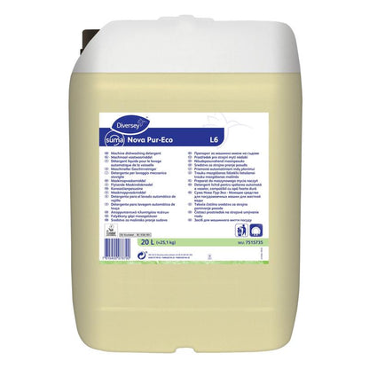 A transparent, eco-friendly 20-liter container with Suma Nova Pur-Eco L6 dishwashing liquid from Diversey Deutschland GmbH & Co. OHG, with a white lid and multilingual white label for commercial dishwashers.