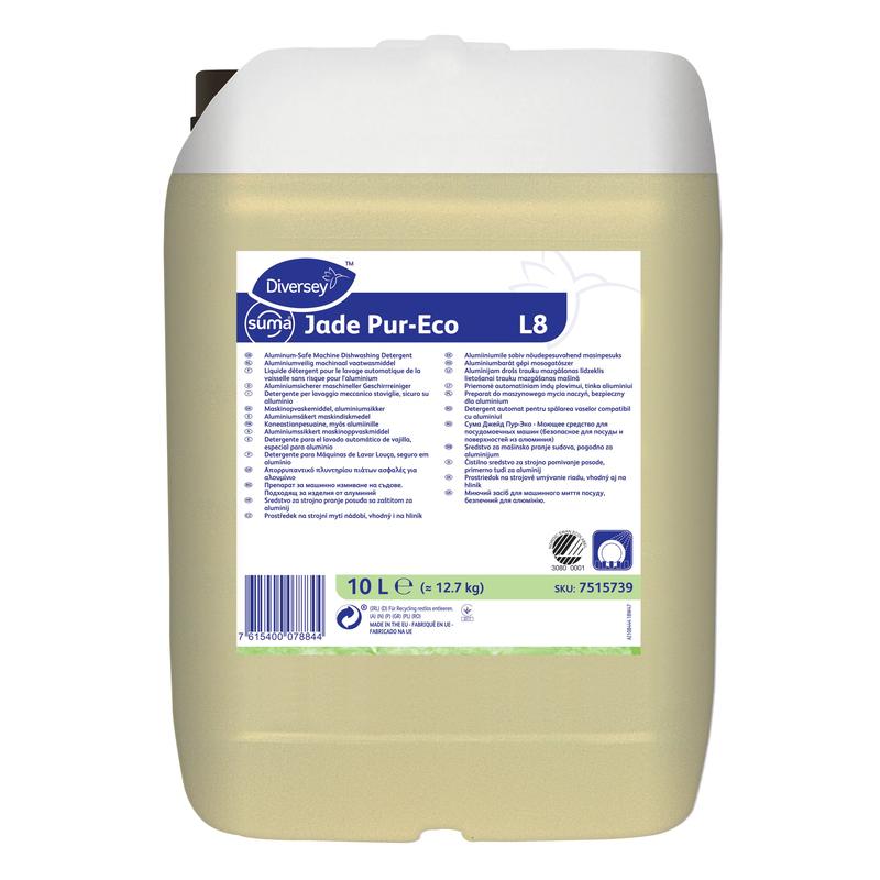 A 10-liter canister of Suma Jade Pur-Eco L8 from Diversey Deutschland GmbH & Co. OHG, an environmentally friendly and aluminum-safe dishwashing detergent, with a multilingual label for product information and instructions.