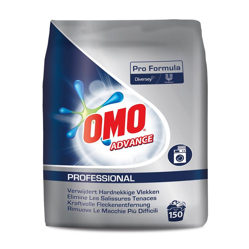 A 14 kg bag of OMO Professional Advance detergent powder from Diversey Deutschland GmbH & Co. OHG, for 150 washes, removes stubborn stains, ensures radiant cleanliness, and is ideal for professional environments.