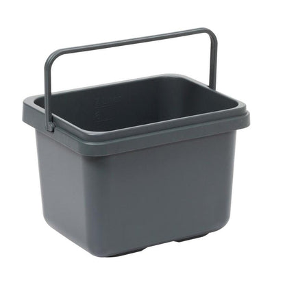 The TASKI cloth bucket 7L from Diversey Deutschland GmbH & Co. OHG is a gray rectangular plastic bucket with a sturdy handle, measuring marks on the inside, and a flat bottom - the perfect cleaning accessory for household cleaning tasks.