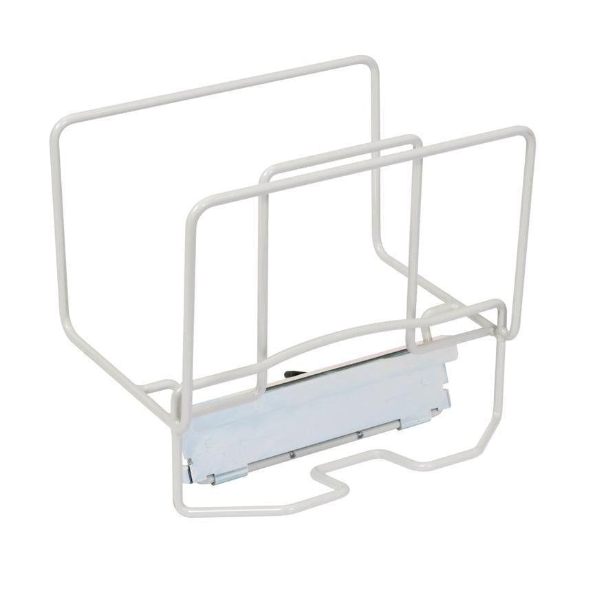 The TASKI mop box holder from Diversey Deutschland GmbH & Co. OHG is a bright metal organizer with two compartments and a flat bottom bracket, ideal for storing folders, files, or cleaning agents. Suitable for all mop boxes. Pack of 1 piece.