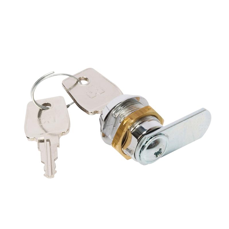 The TASKI lock for lids from Diversey Deutschland GmbH & Co. OHG fits the lids 7517362, 7517363, 7517364, 7517243, and 7517263. It has a chrome-plated surface, robust material, a slotted closure with two keys on a keyring, and includes a brass washer. Pack of 1 piece.