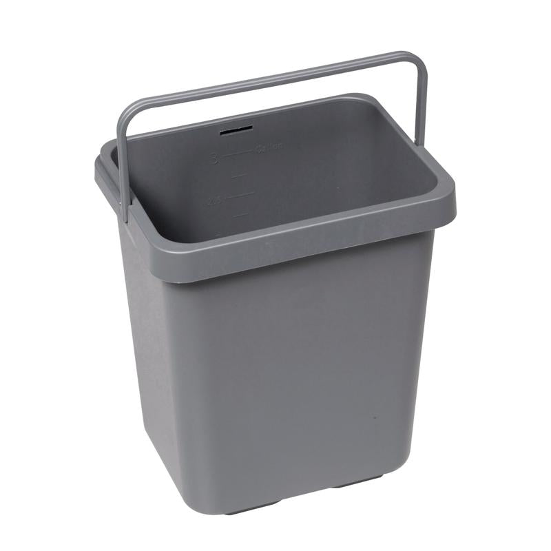 Tá buicéad TASKI 12 lítear as plaisteach liath ó Diversey Deutschland GmbH & Co. OHG, le láimhseáil agus marcáil tomhais istigh, le feiceáil folamh ar chúlra bán. Comhoiriúnach le sealbhóir bosca éadach 7517270 nó 7517371. Pacáiste: 1 phíosa.