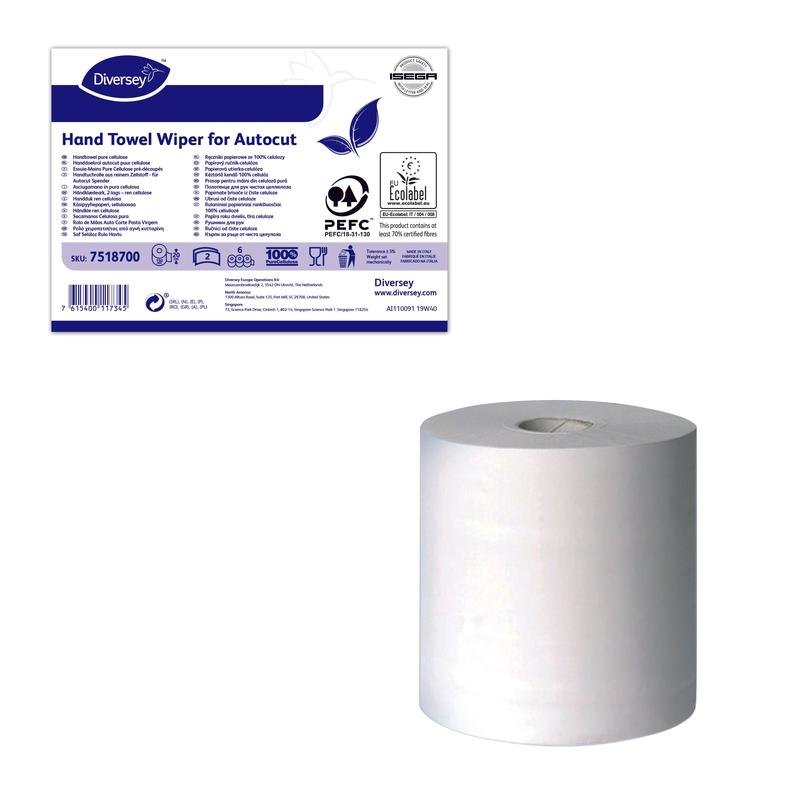 Under the product label, there is a white 2-ply towel/wiping roll made of cellulose for autocut dispensers from Diversey Deutschland GmbH & Co. OHG; it is environmentally certified and measures 150m per roll (Ø 180mm).