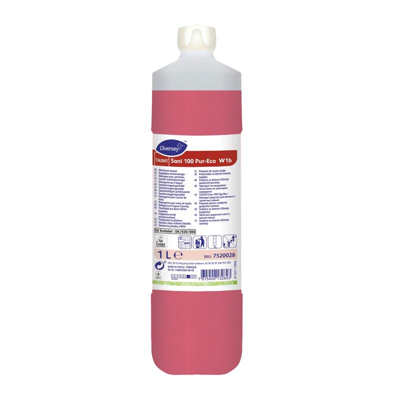 A 1-liter bottle of TASKI Sani 100 Neutral Sanitary Cleaner from Diversey Deutschland GmbH & Co. OHG features a white cap, red liquid, and a label with instructions, symbols, and product details for hygienic sanitary cleaning.