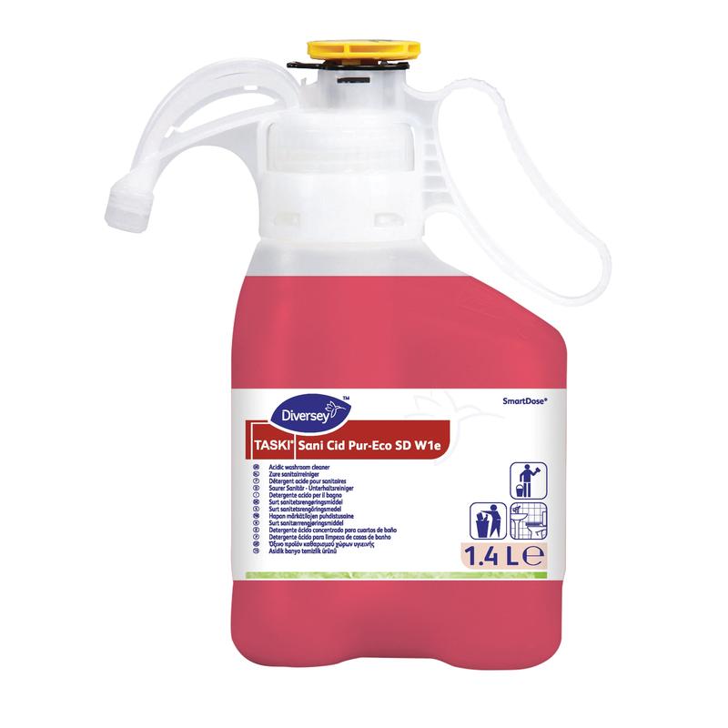 A 1.4-liter bottle of TASKI Sani Cid, a highly concentrated sanitary cleaner based on citric acid from Diversey Deutschland GmbH & Co. OHG, features a red liquid, a labeled front, a handle, and a yellow dispenser cap.