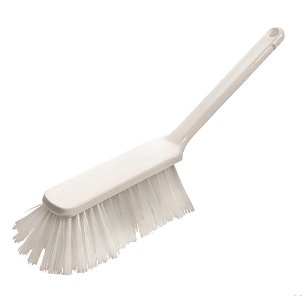 The hand broom for dustpan white from Diversey Deutschland GmbH & Co. OHG is a white plastic hand broom with a long handle, soft bristles, and a hanging hole, ideal for cleaning. The package contains 2 pieces.