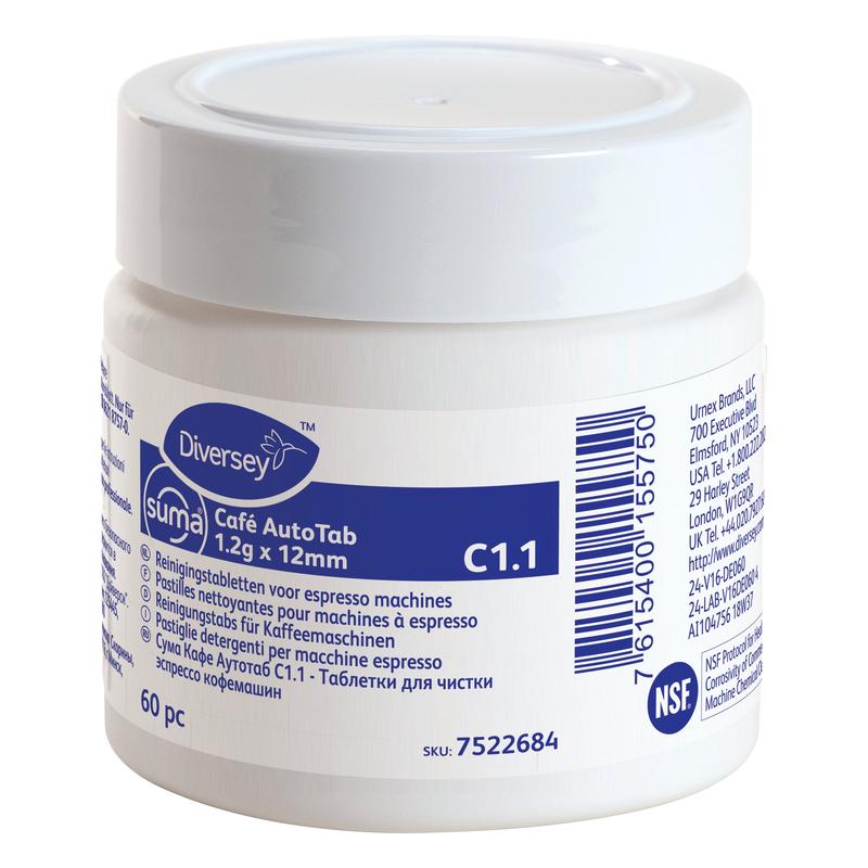 Ein weißer Kunststoffbehälter der Diversey Deutschland GmbH & Co. OHG, mit der Aufschrift "Suma Café AutoTab Reinigungstabs für Espressomaschinen 60 Stk.", entfernt Kaffeefette und -öle und verlängert die Lebensdauer der Maschine. Inklusive mehrsprachigem Etikett.