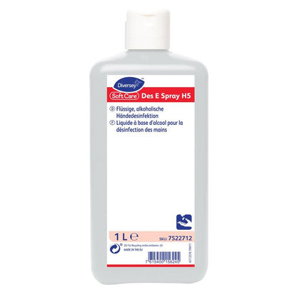 A white 1-liter bottle of Soft Care Des E Spray H5 from Diversey Deutschland GmbH & Co. OHG, with a blue cap and label in German and French. Alcohol-based, effective hand disinfection – ideal for on-the-go use.