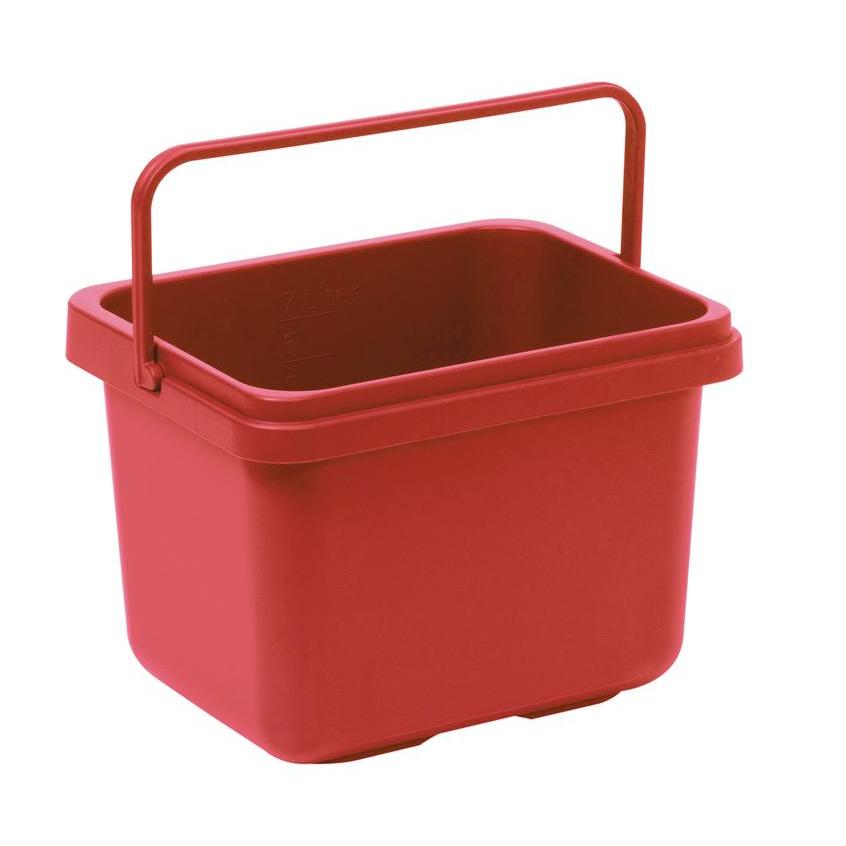 The TASKI cloth bucket 7L from Diversey Deutschland GmbH & Co. OHG is a rectangular red plastic bucket with a matching upright handle, measuring marks inside, and is ideally suited as a cleaning accessory for household cleaning.