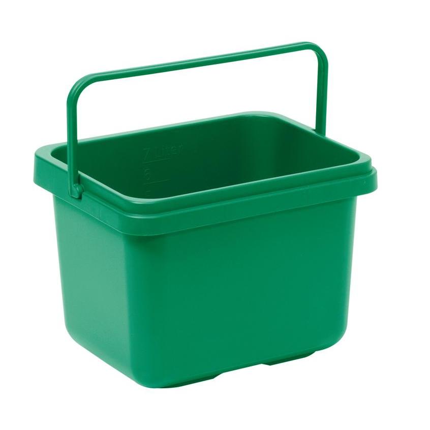 The TASKI cloth bucket 7L from Diversey Deutschland GmbH & Co. OHG is a green, rectangular plastic bucket with a matching handle and internal measuring marks, ideal for household cleaning. Depicted empty on a white background.