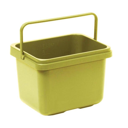 The TASKI cloth bucket 7L from Diversey Deutschland GmbH & Co. OHG is a rectangular, olive green plastic bucket with a matching carrying handle and side graduations for up to 7 liters - perfect for household cleaning.