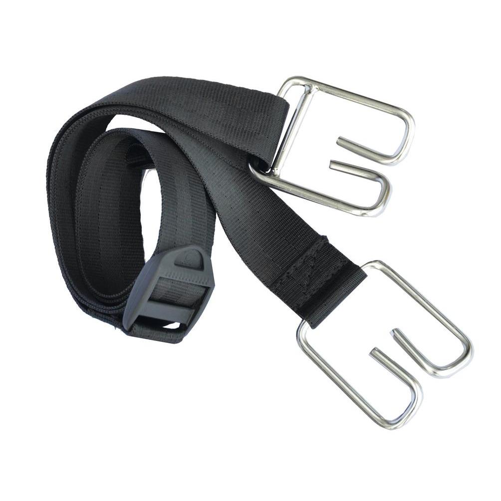 A black TASKI mop box shoulder strap made of nylon by Diversey Deutschland GmbH & Co. OHG, with metal hooks and plastic buckle, ideal for carrying mop boxes in hard-to-reach areas, depicted on a white background.