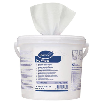 A white plastic container with a handle and lid contains Diversey Deutschland GmbH & Co. OHG DI Dry Wipes disposable cloths, 125 sheets; the label shows product information in several languages, with one cloth being dispensed.
