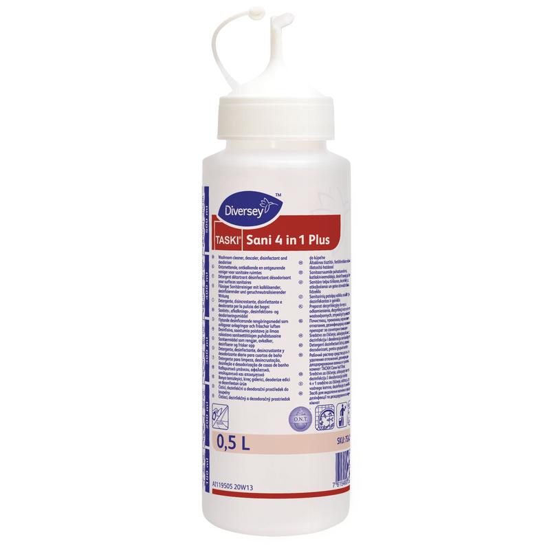 A 0.5L dosing bottle of TASKI Sani 4 in 1 Plus from Diversey Deutschland GmbH & Co. OHG with a bent spray head. The label is multilingual and features blue/red accents.
