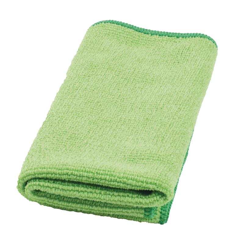 Tá éadach microfiber glas éadrom TASKI MyMicro fillte (36 x 36 cm, pacáiste de 20 píosa) ó Diversey Deutschland GmbH & Co. OHG, le teorainn níos dorcha glas le haghaidh córais dathchódaithe i nglantachán spraeála agus tais, ar chúlra bán.