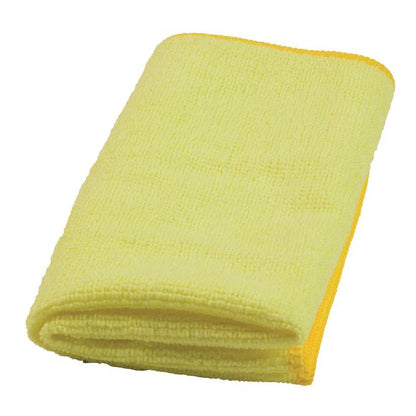 Tá éadach microfiber buí TASKI MyMicro fillte 36 x 36 cm ó Diversey Deutschland GmbH & Co. OHG, le teorainn fuaite, idéalach le haghaidh glantacháin spraeála agus tais códaithe le dath, le feiceáil ar chúlra bán (20 píosa in aghaidh an phacáiste).