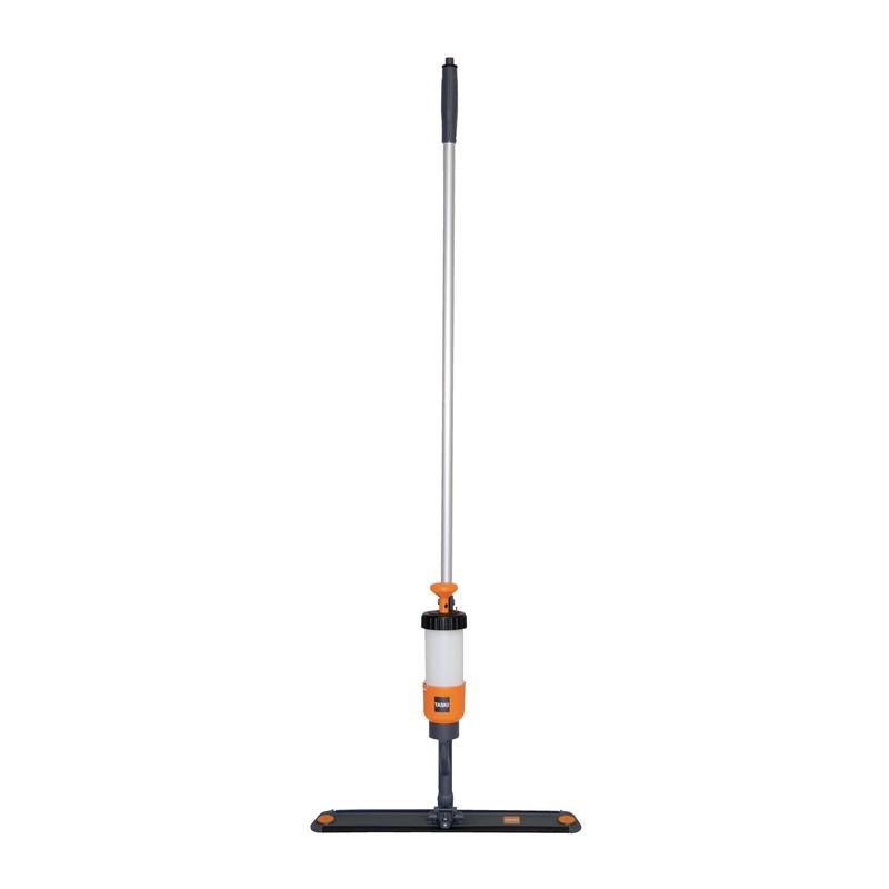 The TASKI VersaPlus 2.0 spray mop device (60 cm) from Diversey Germany features a metal handle, an orange pump trigger, a transparent liquid bottle near the handle, a rectangular pad with Velcro holder for easy attachment; package contains 1 piece.