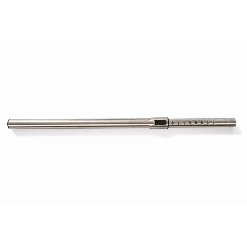 A reusable straight stainless steel straw with evenly distributed notches, depicting the precise design of the TASKI AERO telescopic suction tube 32mm by Diversey Deutschland GmbH & Co. OHG, shown on a white background.