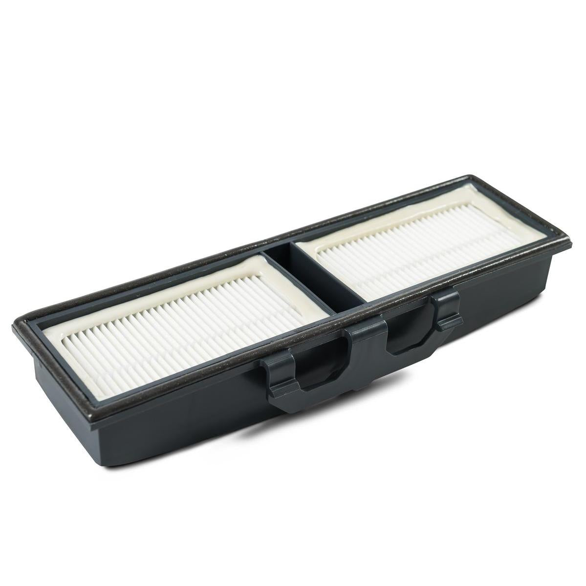 Der TASKI AERO 8/15 HEPA-Mikrofilter H13 von Diversey Deutschland GmbH & Co. OHG ist eine rechteckige Patrone mit zwei weißen Faltenfiltern in einem schwarzen Rahmen mit Frontgriffen, Klasse H13, für TASKI Aero Staubsauger - ideal für Allergiker.