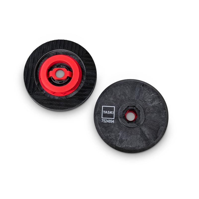 Depicted are two black round guide pads from Diversey Deutschland GmbH & Co. OHG, for TASKI swingo 250µicro - one with a red inner ring, one with the inscription "TASKI 7524984" - 2-pack per carton.