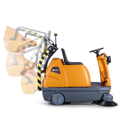 A side view of the orange TASKI balimat 6500 HD RTU battery-powered ride-on sweeper from Diversey shows the range of motion of the front container when lifted and tilted forward for high dumping.