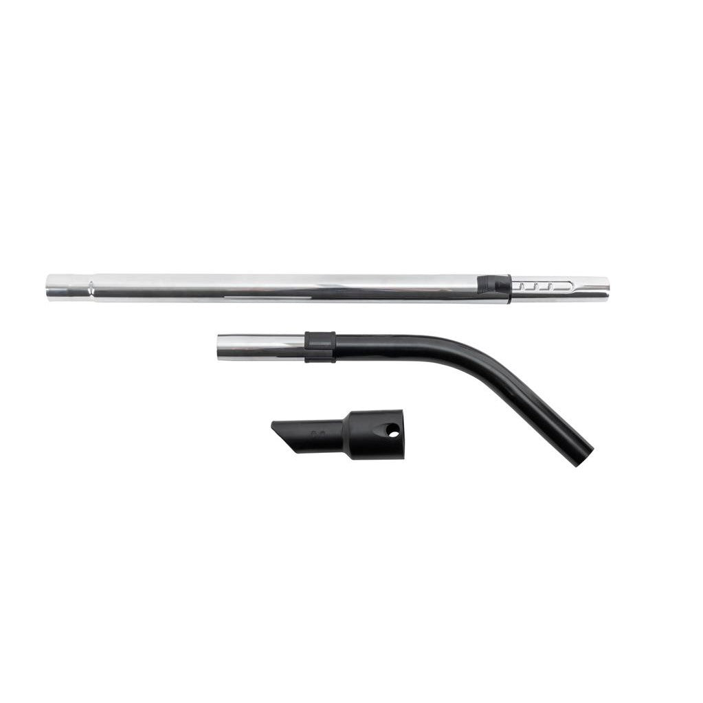 Tá feadán miotail, píosa ceangail píobáin agus barra teileascópach sa Kit Uasghrádaithe TASKI AERO ó Diversey do folúsghlantóirí Aero, atá léirithe ar chúlra bán chun feidhmíocht ghlantacháin na gceangaltán aonair a chur in iúl.