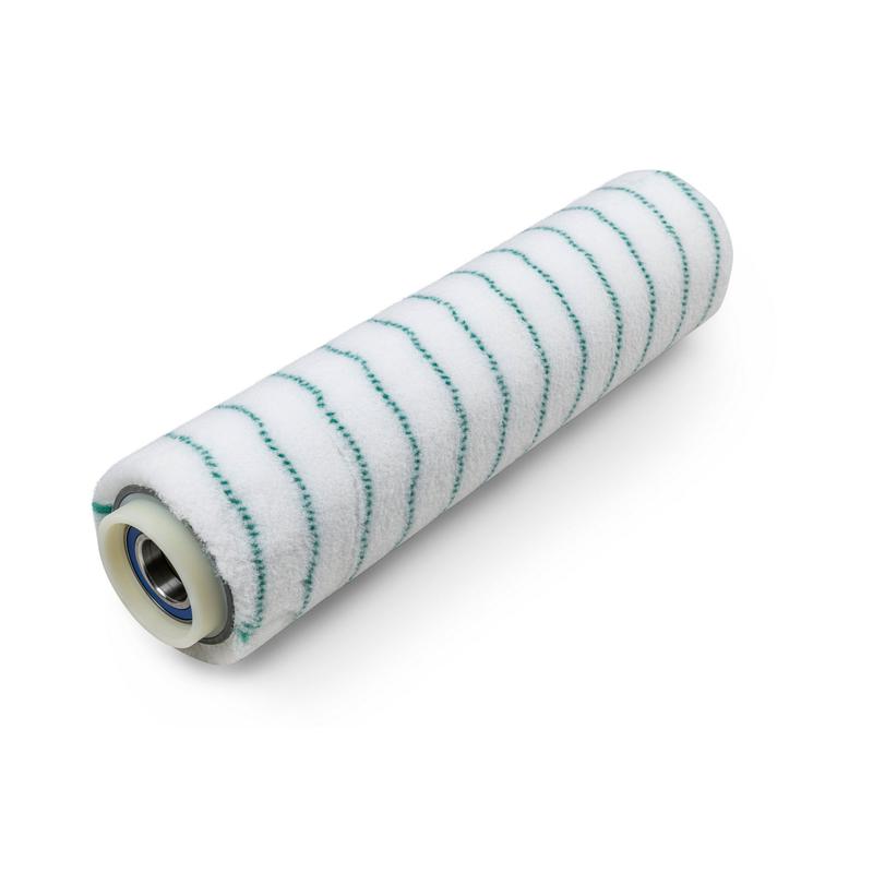 A close-up shows the ULTIMAXX active fiber pad roller 65 cm microfiber from Diversey Deutschland GmbH & Co. OHG, with a white cover with green diagonal stripes, suitable for ULTIMAXX 1900 and 2900 (1 piece), on a white background.