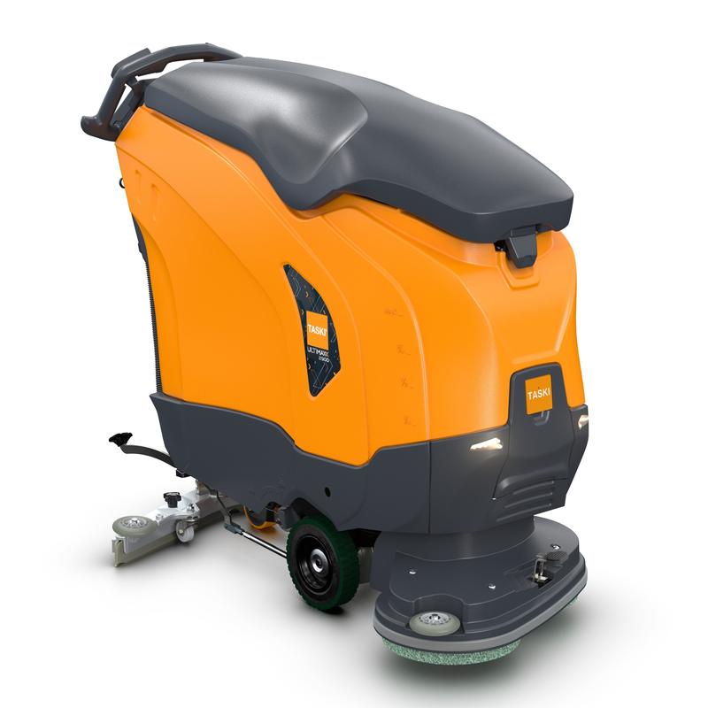 The TASKI ULTIMAXX 2900 DD55 Performance BMS 25A from Diversey Germany is an orange-gray, upright scrubber-dryer with wheels, handle, 63-liter tank, and 55-cm double brush, depicted on a white background.