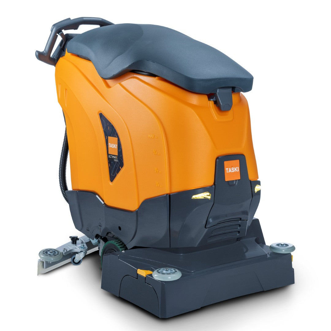The TASKI ULTIMAXX 1900 RB65 Performance BMS 25A from Diversey Germany is an orange-gray scrubber dryer with wheel drive, 42L tank, 65cm dual brush, wheels, handlebar, control panel, and rear squeegee.