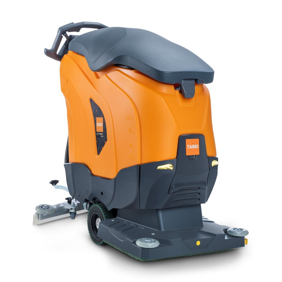 The TASKI ULTIMAXX 1900 OB50 Performance BMS 25A EBU from Diversey Germany is an orange-black scrubber dryer with wheel drive, 42L tank, and a 50cm orbital deck - shown from the back on a white background.