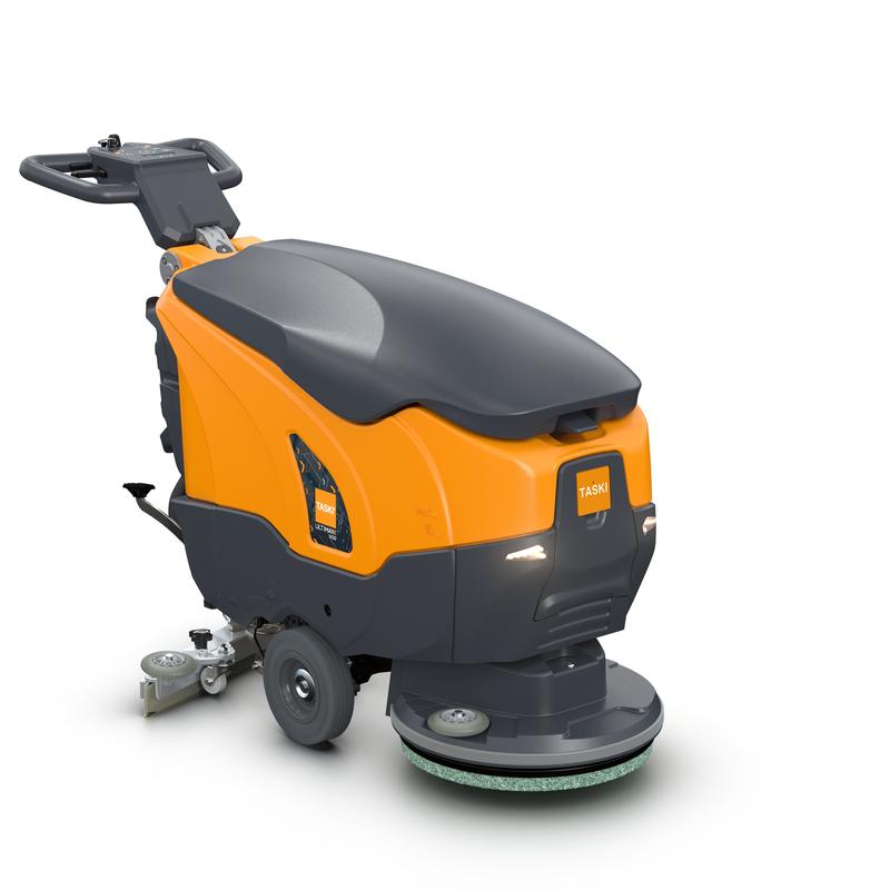 The TASKI ULTIMAXX 900 SD43 P BMS 13A from Diversey is a commercial scrubber-dryer of the next generation with a 20L tank, 43cm single disc, control handle, wheels, and orange-black "TASKI" branding. Non-driven; contains one unit per package.