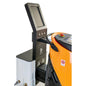 A touchscreen control panel is next to an orange-grey TASKI GS Ecobot 50P with hose, no smoking sticker, and the TASKI GS Service Station 50 from Diversey for combined charging of power and water. (1 pack).