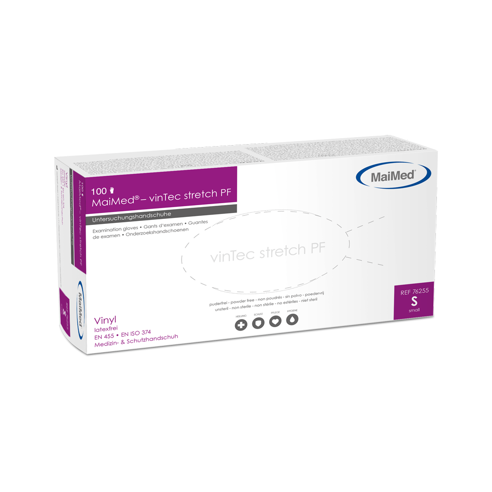 MaiMed-vinTec Stretch PF, non-sterile, powder vinyl examination gloves 100 pieces/box