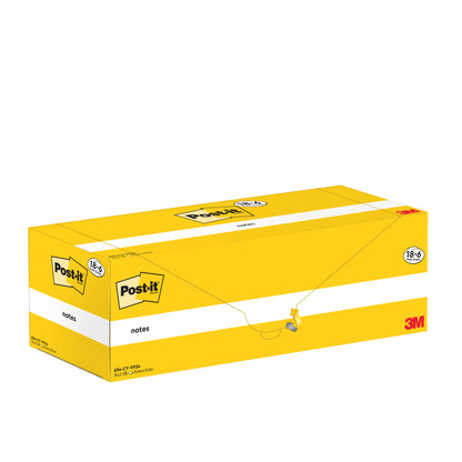 Eine versiegelte, gelbe, rechteckige Box mit Post-it® Notes (76 mm x 76 mm, 100 Blatt pro Block, 100% PEFC) von 3M Deutschland GmbH ist mit Branding und Produktangaben auf den Seiten versehen und für die Aufbewahrung mehrerer Haftnotizblöcke ausgelegt.