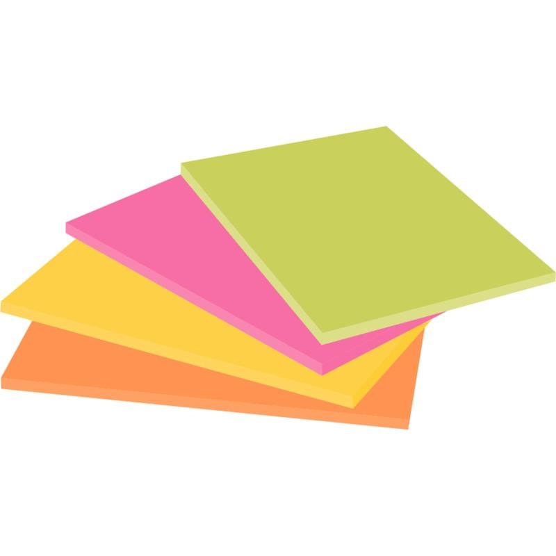 Tá cruach de cheithre Post-it® Super Sticky Notes forluiteacha i ndathanna Oráiste, Buí, Bándearg agus Glas Solais ó 3M Deutschland GmbH (Formáid Mhór, 45 Bileog/Bhloc, 100% PEFC) á bhreathnú ó uillinn íseal.